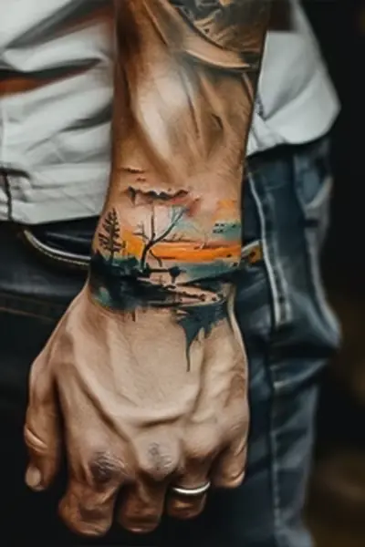 100 Amazing Tattoo Designs for Men You Must Try! 94 Abstract Landscape Wrist Tattoo for Men