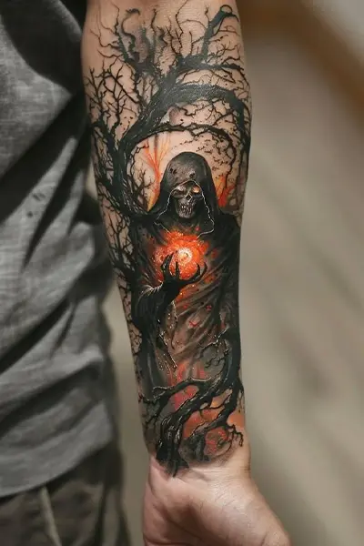 100 Amazing Tattoo Designs for Men You Must Try! 63 Grim Reaper Tattoo With Stillness