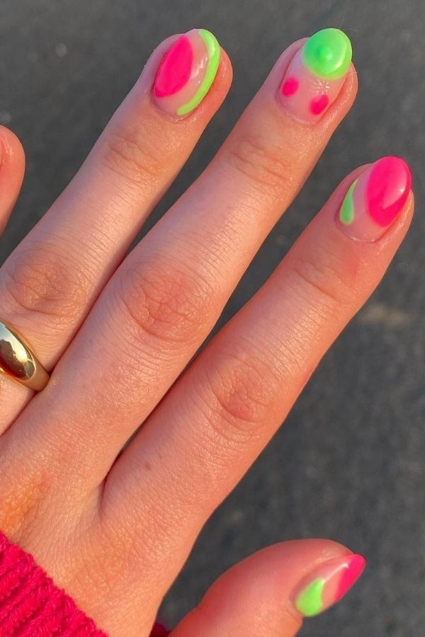 53 Lovely Bright Neon Nail Designs and Mani Nails Colors That Are Trending This Year 8 Abstract Green Pink Neon Mani