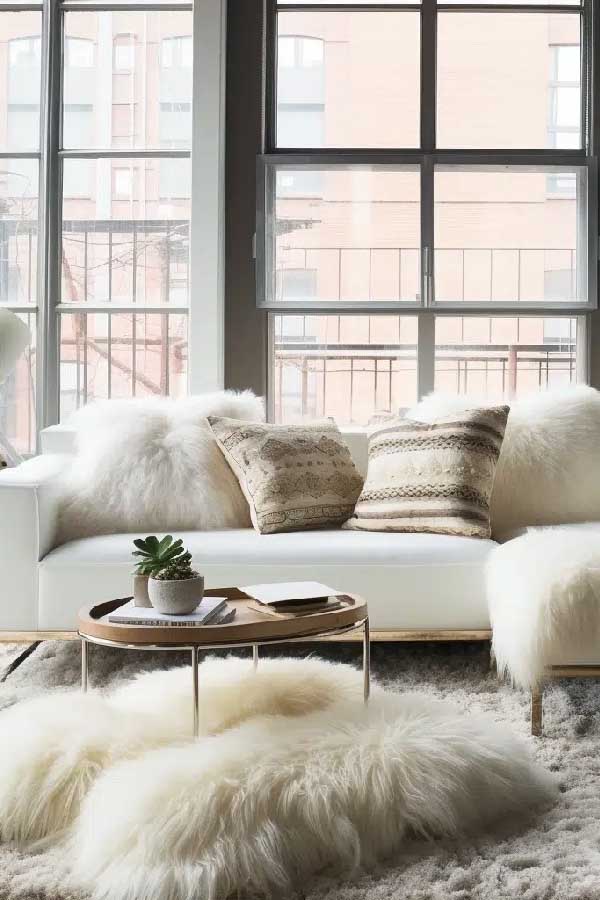 31+ Boho Living Room Ideas That Effortlessly Blend Comfort and Chic Vibes 16 Add Cozy Faux Fur Layers