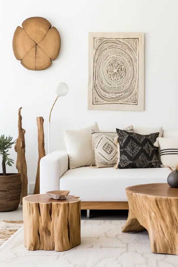 31+ Boho Living Room Ideas That Effortlessly Blend Comfort and Chic Vibes 12 Add Organic Wood Accents