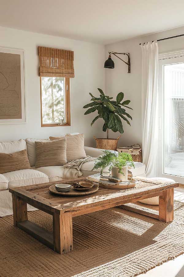 31+ Boho Living Room Ideas That Effortlessly Blend Comfort and Chic Vibes 27 Anchor the Room with Wood