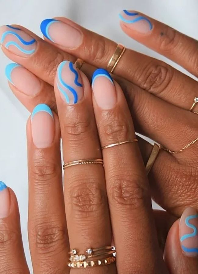 31 Insanely Cute Beach Nails Designs Ideas You’ll Want to Recreate This Summer 7 Artsy Abstract Blue Beach Nails