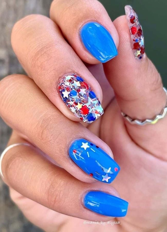 59 Elegant 4th Of July Nails Patriotic Nail Designs You Must Try on Independence Day 44 Baby Blue Nails with Stars