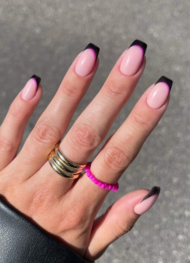 48 Super Trendy French Tip Nails and Manicure Designs You Will Instantly Love 10 Black French Tips with Dual Pink Lines