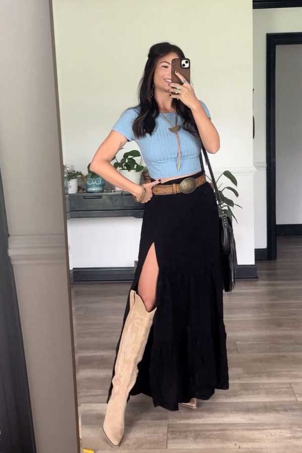 36 Cowgirl Outfit Ideas for Women Who Love the Western Trend 34 Black Western Skirt and Boots Combo