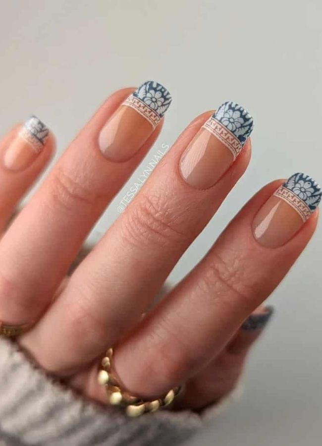 48 Super Trendy French Tip Nails and Manicure Designs You Will Instantly Love 47 Blue Floral Frenchies Nails