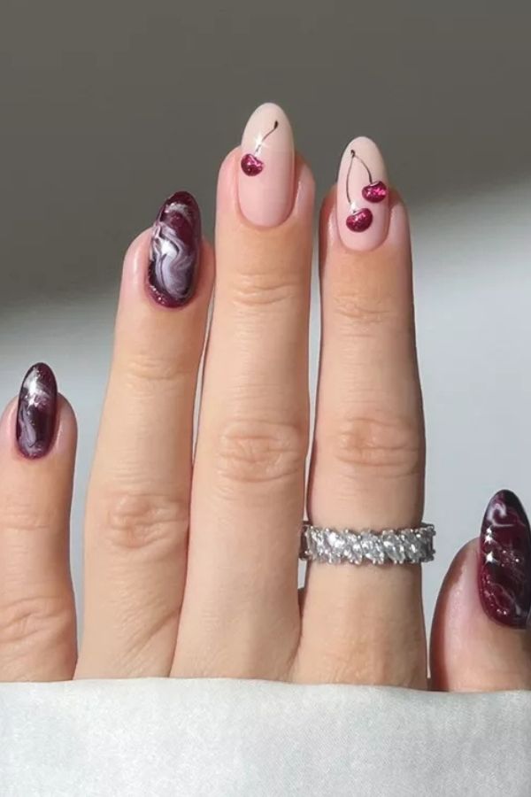 34 Most Stunning Deco Nails Art to Try Right Now 17 Cherry Marble Nails Idea