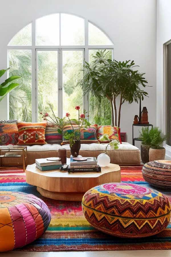 31+ Boho Living Room Ideas That Effortlessly Blend Comfort and Chic Vibes 9 Create a Floor Pillow Lounge