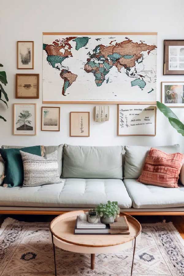 31+ Boho Living Room Ideas That Effortlessly Blend Comfort and Chic Vibes 13 Curate an Eclectic Art Wall