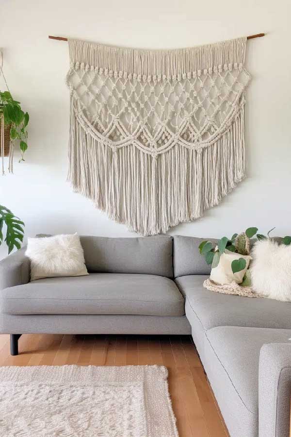 31+ Boho Living Room Ideas That Effortlessly Blend Comfort and Chic Vibes 2 DIY Macramé Wall Art