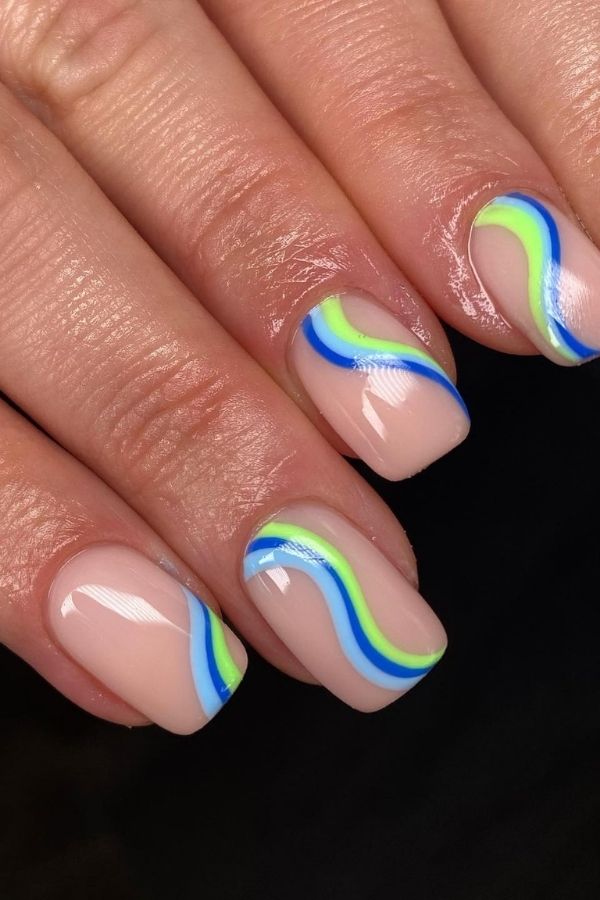 53 Lovely Bright Neon Nail Designs and Mani Nails Colors That Are Trending This Year 16 Green Blue Neon Swirls