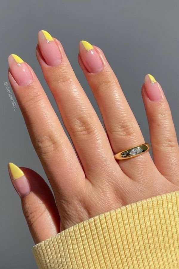 34 Soft to Bold Cutest Yellow Nail Designs Ideas Perfect for Summer and Beyond 8 Half French Yellow Mani Art