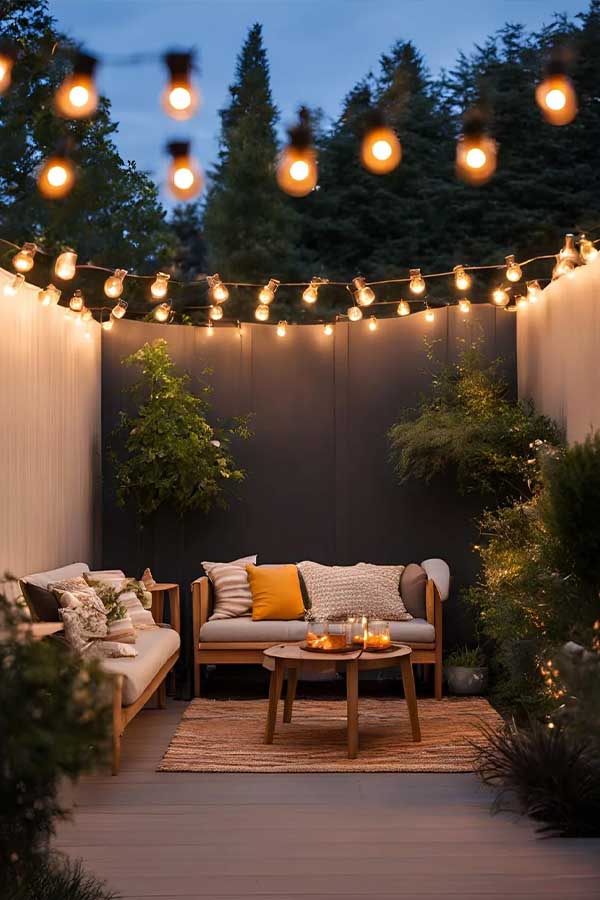 29+ Cozy Backyard Ideas for Small Outdoor Spaces 6 Hang Cozy String Lights
