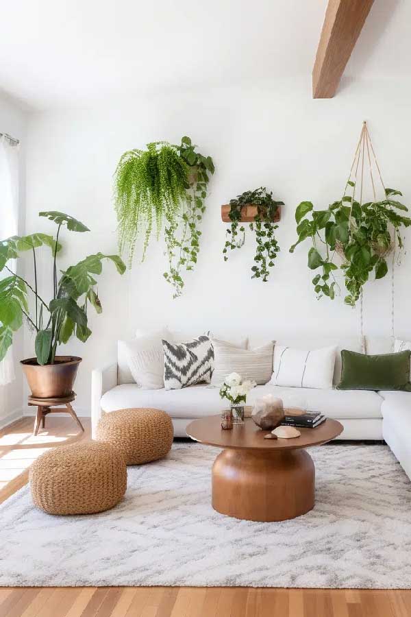 31+ Boho Living Room Ideas That Effortlessly Blend Comfort and Chic Vibes 8 Hang Plants with Character
