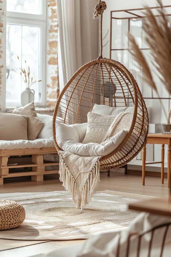 31+ Boho Living Room Ideas That Effortlessly Blend Comfort and Chic Vibes 31 Hang an Egg Chair Indoors