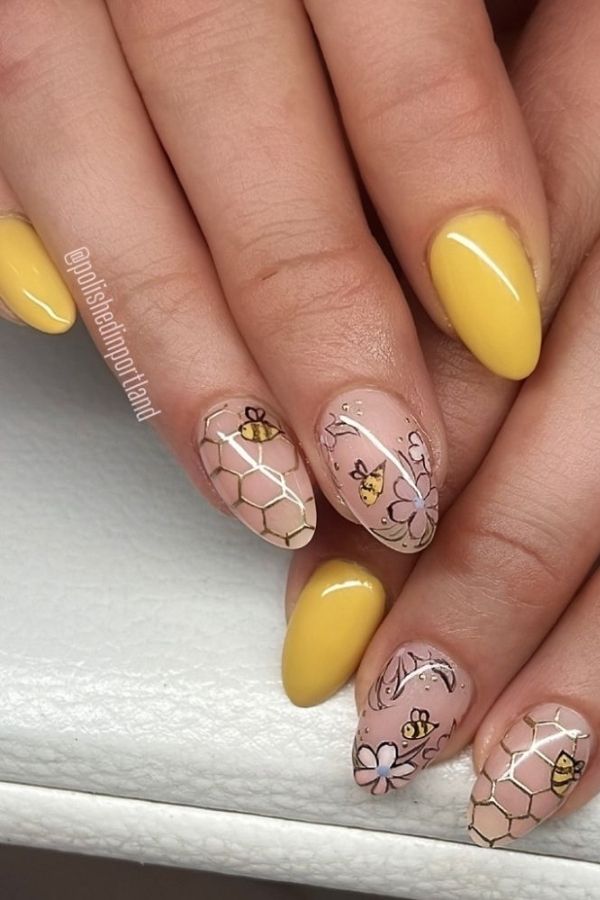 34 Soft to Bold Cutest Yellow Nail Designs Ideas Perfect for Summer and Beyond 16 Honey Hive Nail Art