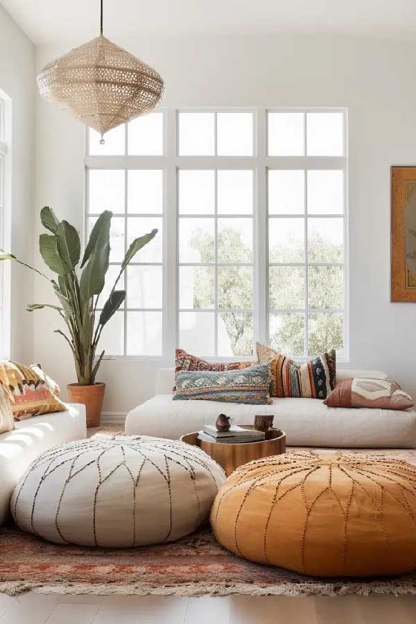 31+ Boho Living Room Ideas That Effortlessly Blend Comfort and Chic Vibes 15 Leather Poufs with Personality