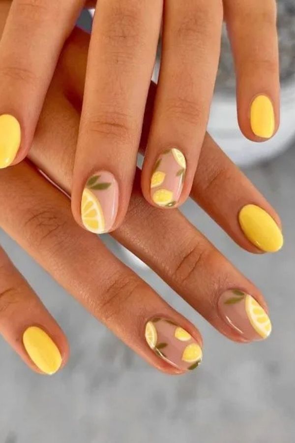 34 Soft to Bold Cutest Yellow Nail Designs Ideas Perfect for Summer and Beyond 17 Mini Lemon Fruit Nail Layers