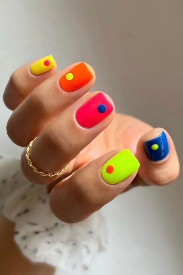 53 Lovely Bright Neon Nail Designs and Mani Nails Colors That Are Trending This Year 14 Minimalist Neon Dot Nails