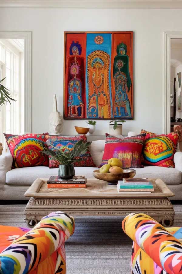 31+ Boho Living Room Ideas That Effortlessly Blend Comfort and Chic Vibes 20 Mix Textiles with Global Prints