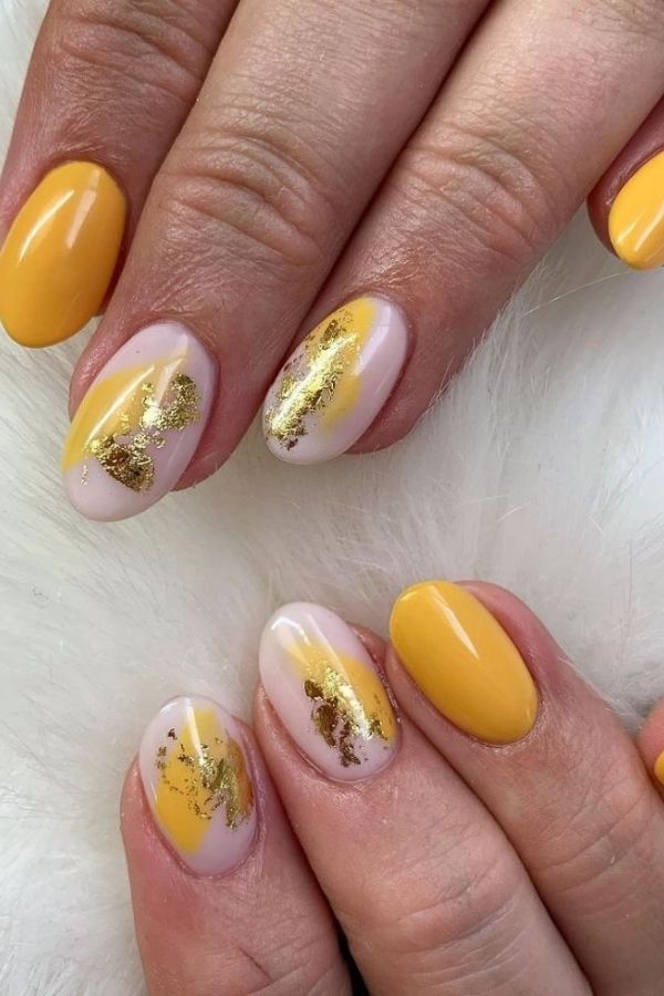 34 Soft to Bold Cutest Yellow Nail Designs Ideas Perfect for Summer and Beyond 5 Mustard Yellow Nails with Gold Accent