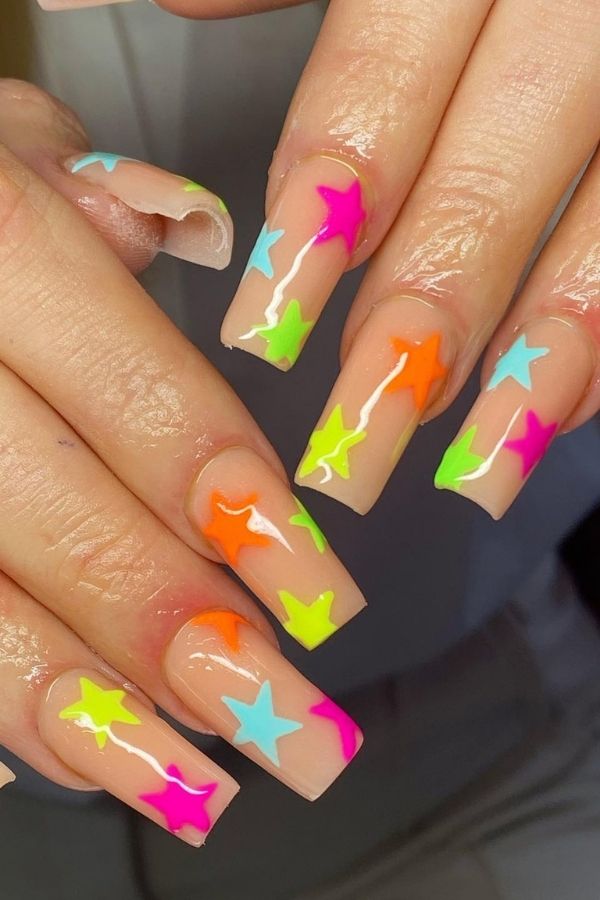 53 Lovely Bright Neon Nail Designs and Mani Nails Colors That Are Trending This Year 21 Neon Star Nail Designs