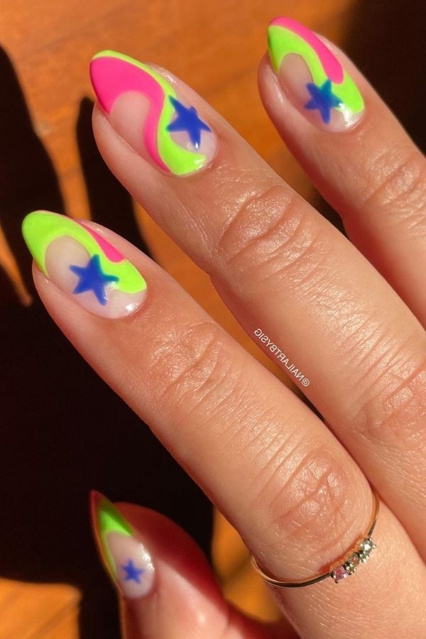53 Lovely Bright Neon Nail Designs and Mani Nails Colors That Are Trending This Year 27 Neon Swirls Stars Nails