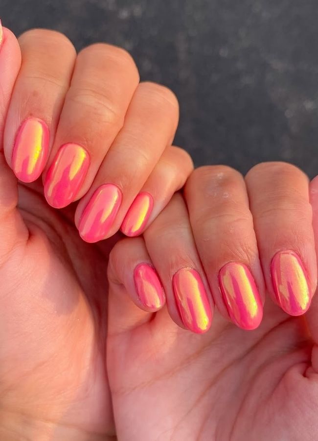 31 Insanely Cute Beach Nails Designs Ideas You’ll Want to Recreate This Summer 29 Opal Chrome Pink Beach Nails