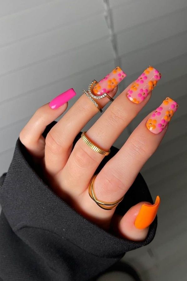 53 Lovely Bright Neon Nail Designs and Mani Nails Colors That Are Trending This Year 23 Orange Pink Neon Floral Nails