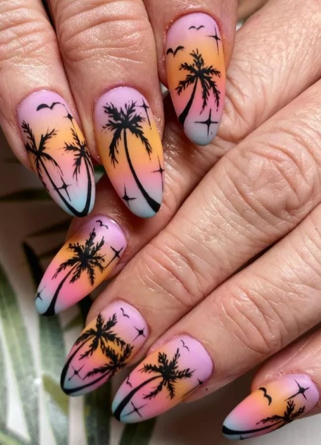 31 Insanely Cute Beach Nails Designs Ideas You’ll Want to Recreate This Summer 4 Palm Tree Evening Scene Nails