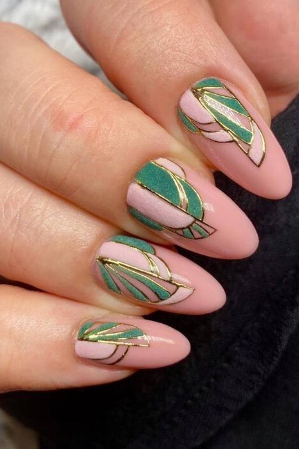 34 Most Stunning Deco Nails Art to Try Right Now 31 Pink Green Gold Deco Nails