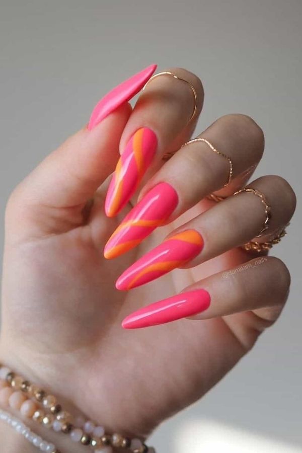 53 Lovely Bright Neon Nail Designs and Mani Nails Colors That Are Trending This Year 5 Pink Orange Neon Swirls Nails
