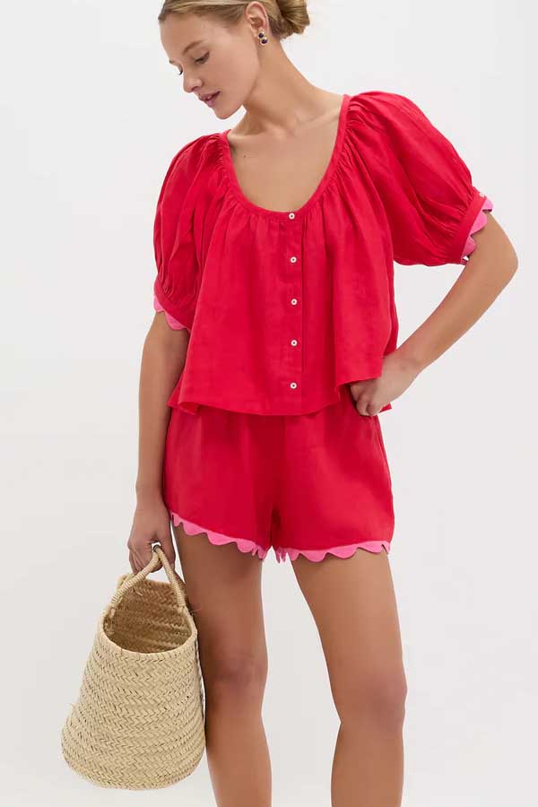 37 Festive 4th of July Outfits to Celebrate Independence Day in Style 26 Red Linen Hibiscus Top