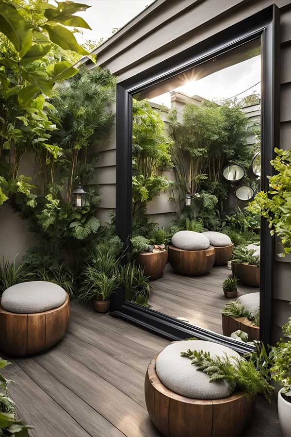 29+ Cozy Backyard Ideas for Small Outdoor Spaces 5 Reflect with Outdoor Mirrors