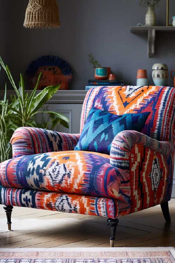 31+ Boho Living Room Ideas That Effortlessly Blend Comfort and Chic Vibes 14 Reupholster with Bold Patterns