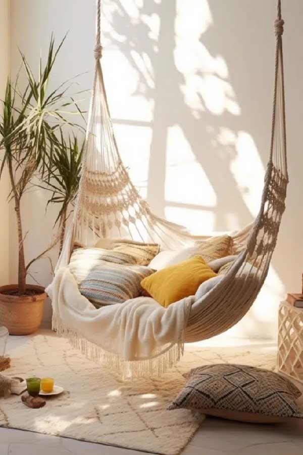 31+ Boho Living Room Ideas That Effortlessly Blend Comfort and Chic Vibes 10 Set Up a Chill Hammock Spot