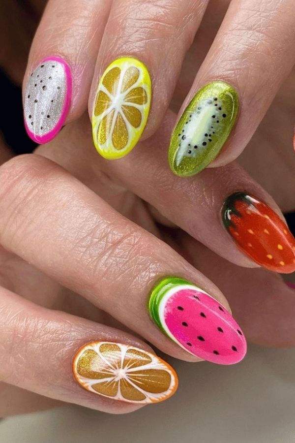 29 Juicy Fruit Nail Designs to Sweeten Your Summer Look 11 Shimmery Mix Fruit Nails Art