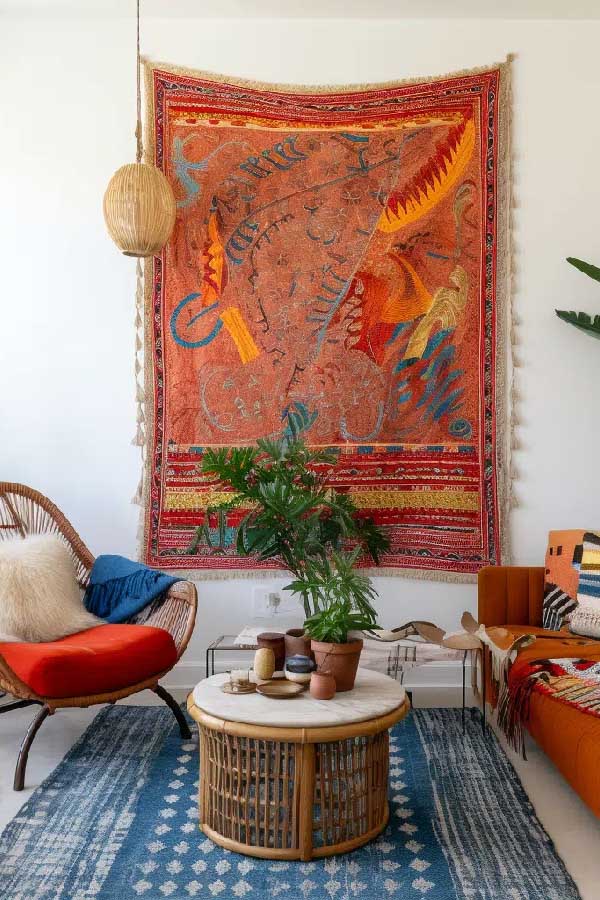 31+ Boho Living Room Ideas That Effortlessly Blend Comfort and Chic Vibes 3 Statement Tapestries on a Budget