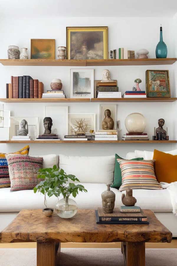 31+ Boho Living Room Ideas That Effortlessly Blend Comfort and Chic Vibes 1 Style Shelves with Collected Finds