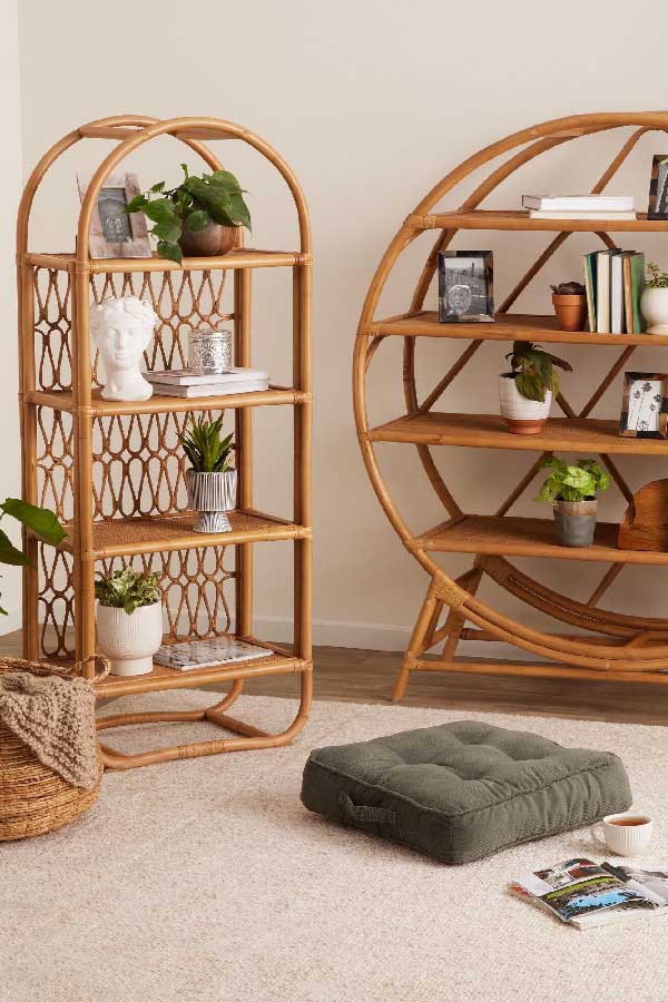 31+ Boho Living Room Ideas That Effortlessly Blend Comfort and Chic Vibes 30 Style with Rattan Bookshelves