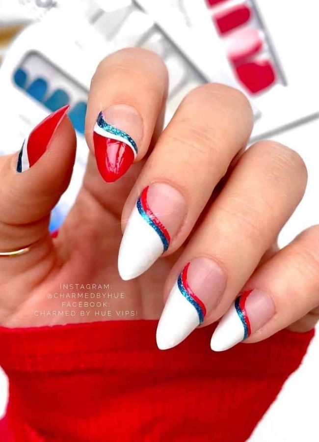 59 Elegant 4th Of July Nails Patriotic Nail Designs You Must Try on Independence Day 4 Swirly Red, White, and Blue Nails
