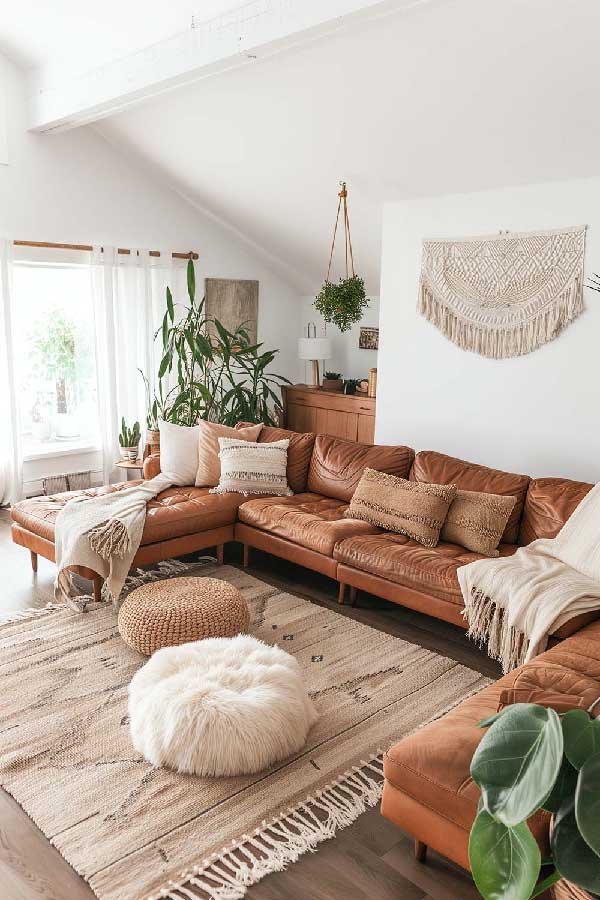 31+ Boho Living Room Ideas That Effortlessly Blend Comfort and Chic Vibes 29 Try a Leather Sectional for Contrast