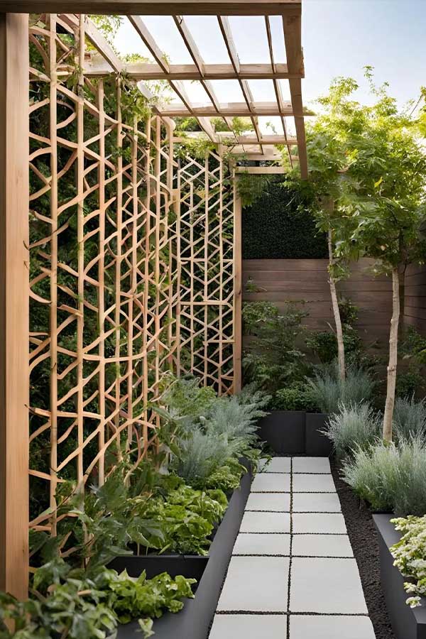 29+ Cozy Backyard Ideas for Small Outdoor Spaces 19 Use Trellis Panels as Dividers