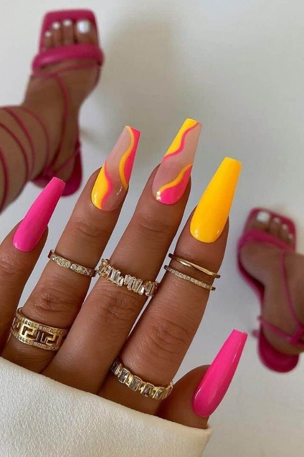 53 Lovely Bright Neon Nail Designs and Mani Nails Colors That Are Trending This Year 7 Yellow Lime Hot Pink Mani