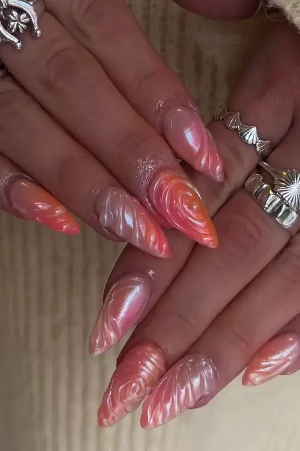 32 Cute Sunset Nails Design Mani Styles That Feel Like Golden Hour 33 3D Textured Swirl Lines
