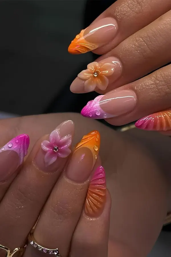 32 Cute Sunset Nails Design Mani Styles That Feel Like Golden Hour 24 3D Textures Sunset Color Blends