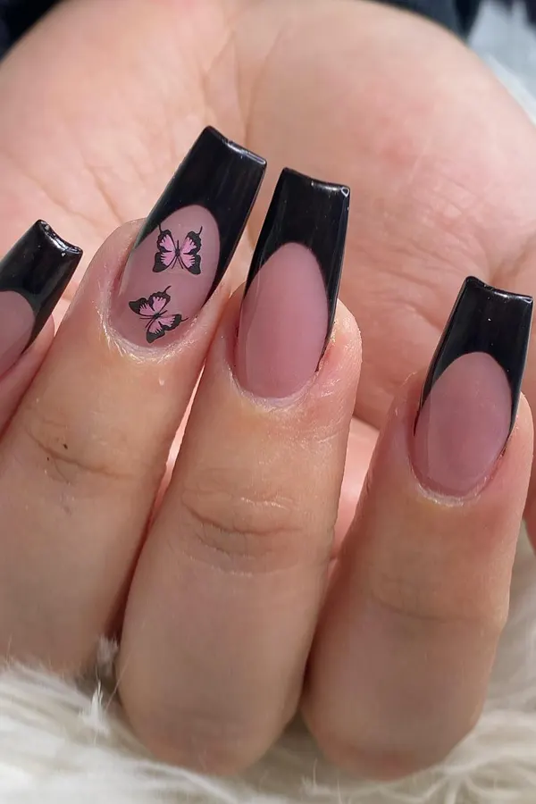 Black Pink Butterfly French Nails