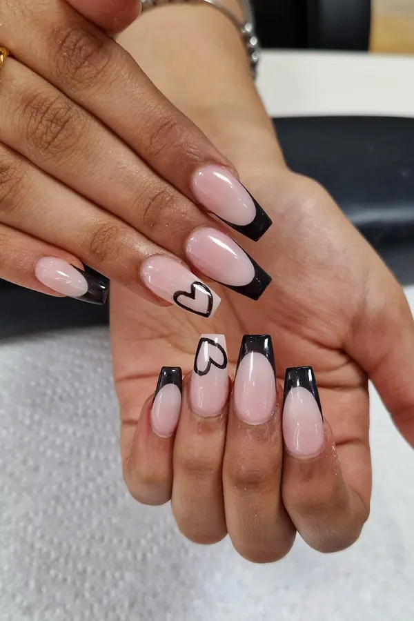 Black Tips and Hearts Manicure