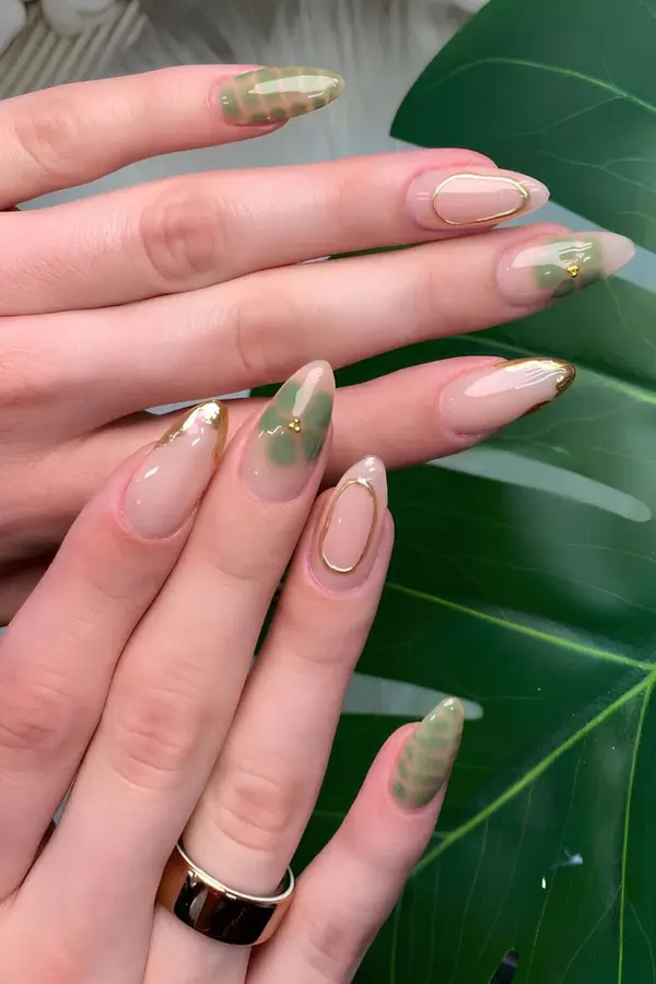 Blooming Gel Olive Nails with Gold Accents
